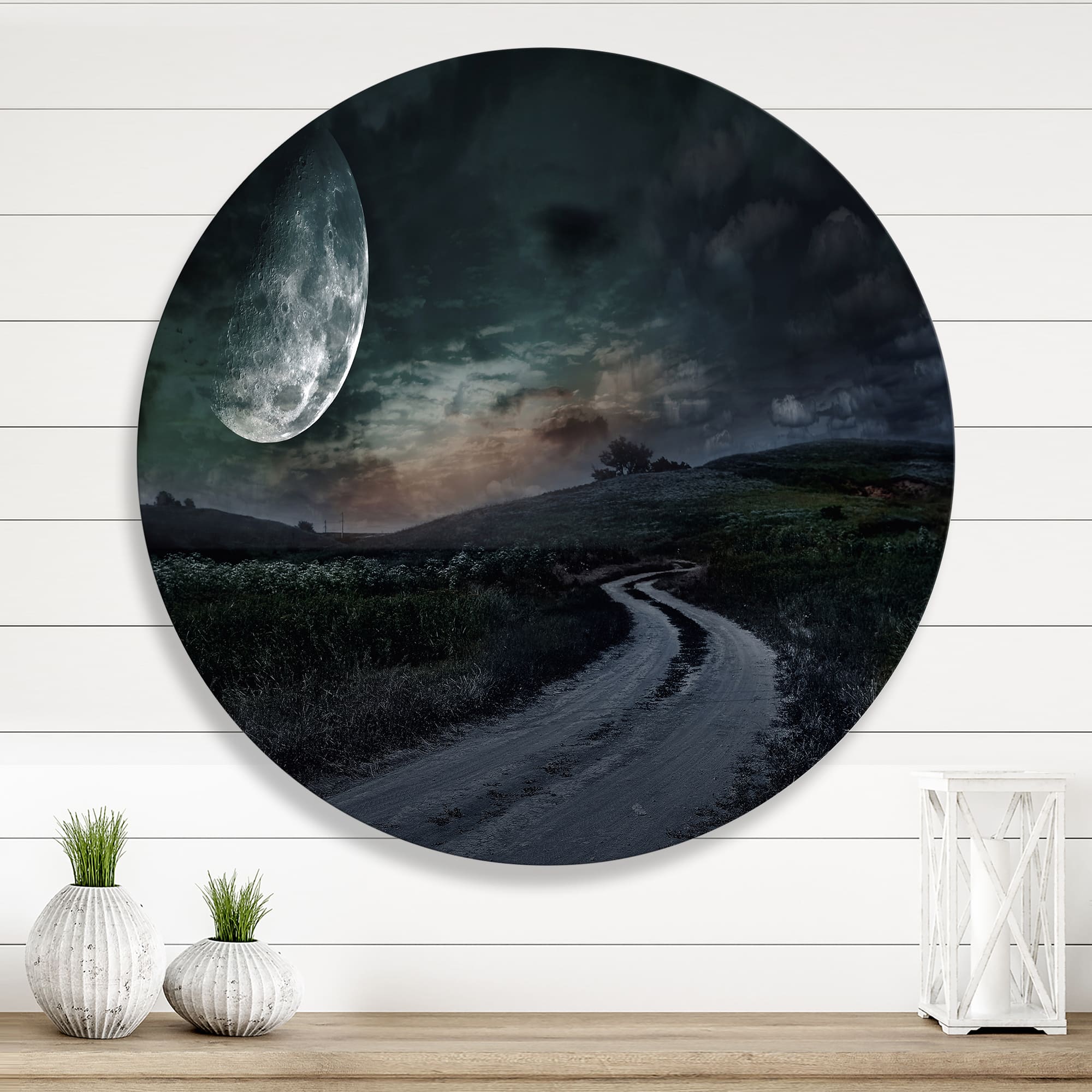 Designart - Rural Road Through The Meadow Under Full Moon